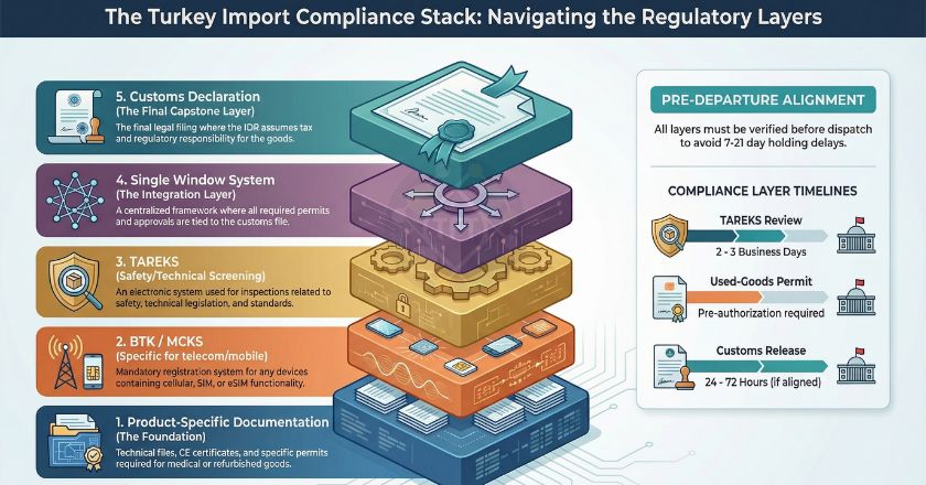 Turkey import compliance architecture: Customs Declaration, TAREKS, Single Window System, BTK/MCKS telecom layer, product-specific documentation