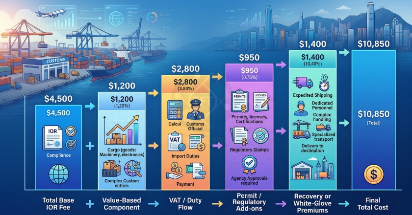 Turkey IOR pricing structure: base IOR fee, value-based component, VAT and duty pass-through, regulatory add-ons (TAREKS, used-goods, BTK), special handling premiums