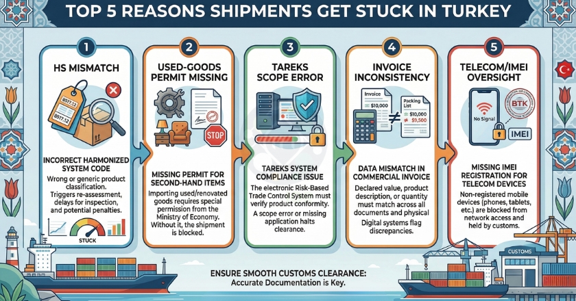Top reasons shipments get stuck at Turkey customs: HS mismatch, used-goods permit missing, TAREKS scope error, invoice inconsistency, telecom IMEI oversight